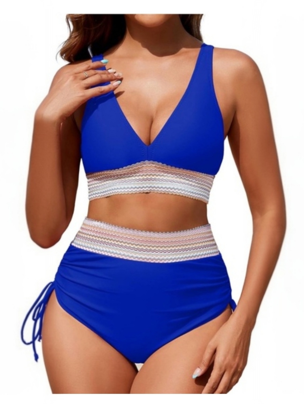 Zuvebamyo Royal Blue V-Neck High Waist Bikini Set with Lace Trim Size Medium